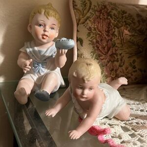 Vtg 2 GERMAN PIANO BABIES - Sweet Ceramic Porcelain Boys - NO FLAWS